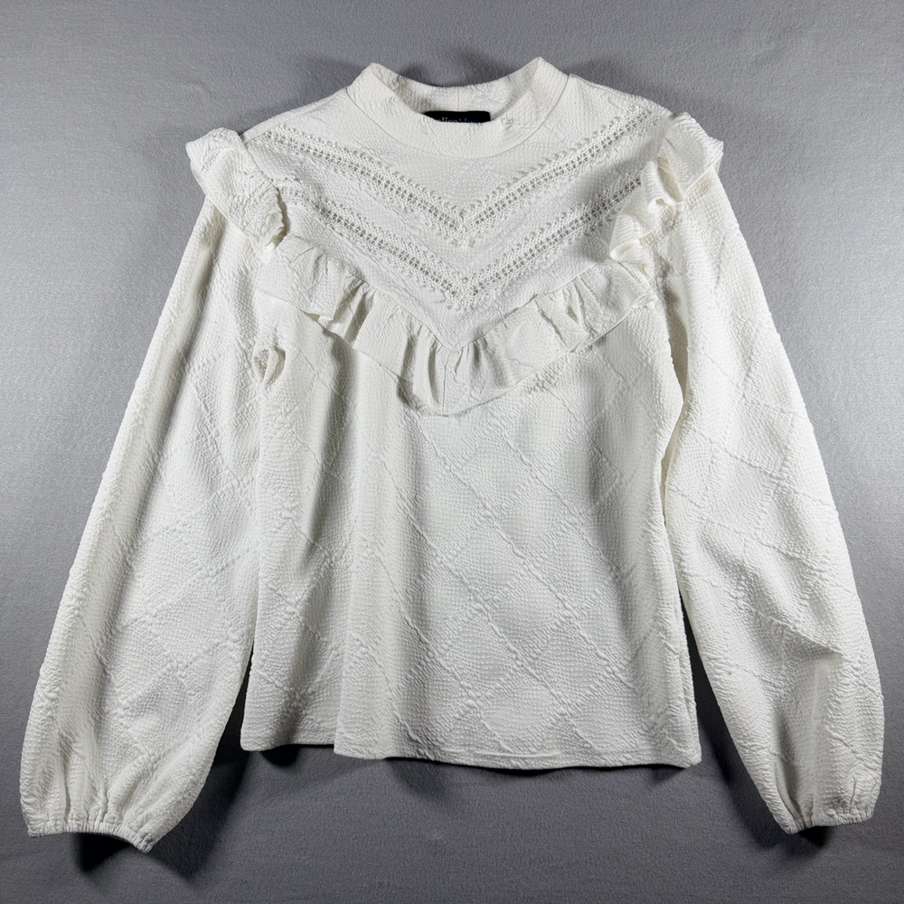 Alice Blue Womens M White Textured Ruffle Lace Trim Blouse Long Sleeve